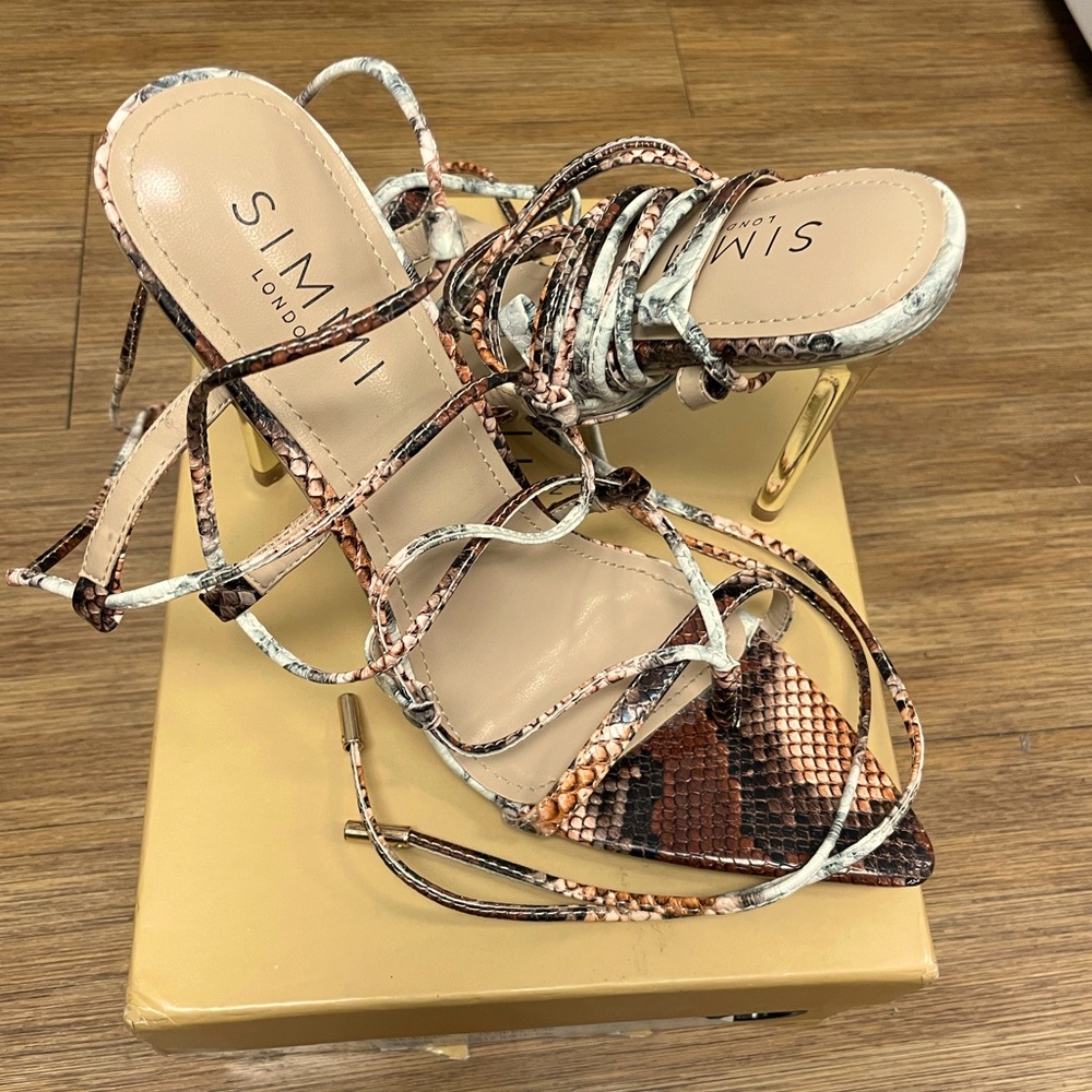 Simmi London Hanin tie up sandals in brown snake skin